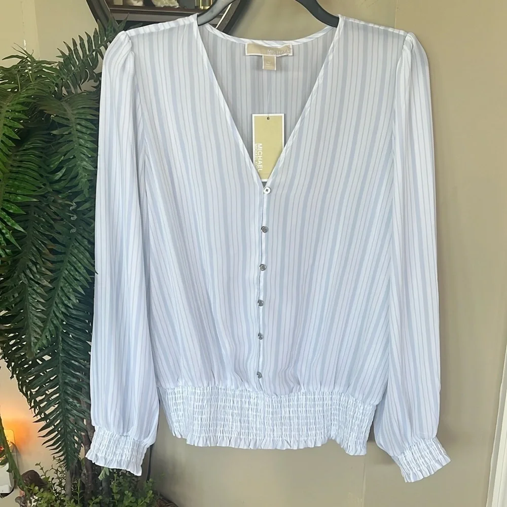 Brand New Michael Kors Striped Blouse Stretch Hem Cuffs White & Blue w/ Buttons